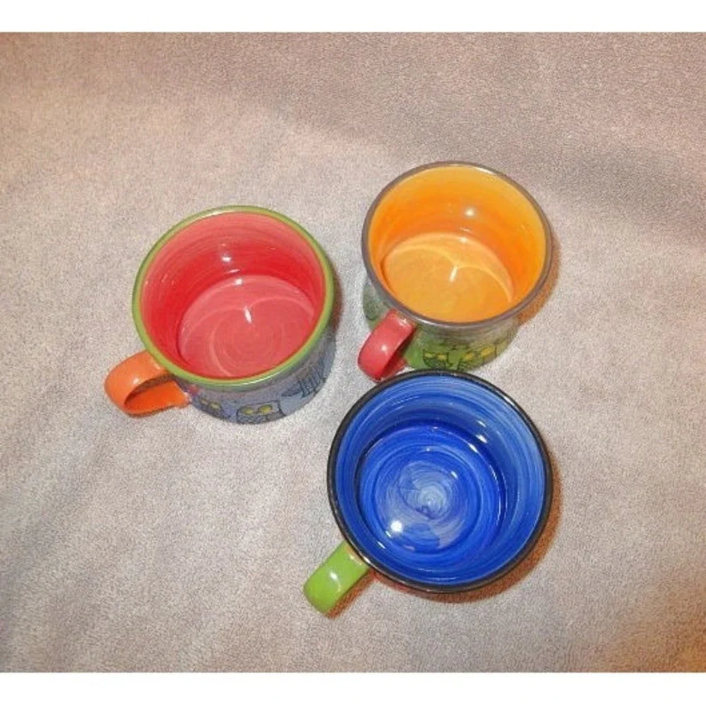 Pier 1 Imports Stacking Stoneware Mugs Set Of 3 Hand Painted Whimsical Bird Owl